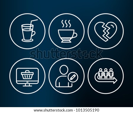 Set of Cocktail, Web shop and Edit user icons. Espresso, Break up and Queue signs. Fresh beverage, Shopping cart, Profile data. Hot drink, Divorce, People waiting.  Editable stroke. Vector