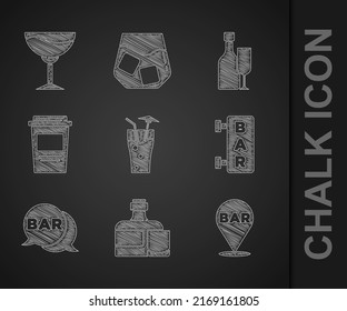 Set Cocktail, Whiskey bottle and glass, Alcohol bar location, Street signboard with Bar, Coffee cup to go, Wine and  icon. Vector