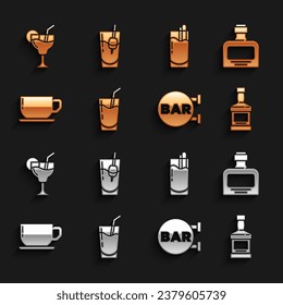 Set Cocktail, Whiskey bottle, Street signboard with Bar, Coffee cup, Bloody Mary,  and  icon. Vector