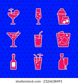 Set Cocktail, Wine bottle with glass, Glass of whiskey, Champagne, Martini, shaker and  icon. Vector