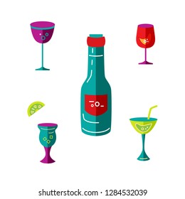 Set of cocktail and wine glasses and bottle. Flat style vector illustration.