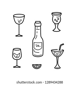 Set of cocktail and wine glasses and bottle. Line style vector illustration.