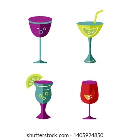 Set of cocktail and wine glasses. Cocktail concept. Flat style design vector illustration.