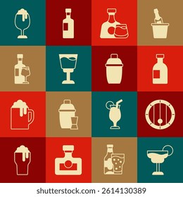 Set Cocktail, Wooden barrel, Glass bottle of vodka, Whiskey and glass, Wine, with, beer and shaker icon. Vector