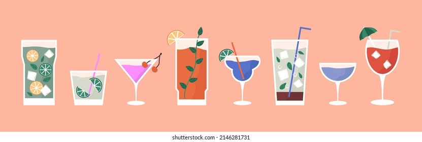 Set of cocktails,  alcoholic and non-alcoholic, soft  summer drinks with lemon, orange, lime and mint ice cubes. Classical drinks in different types of glasses. Hand drawn flat vector illustration.