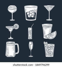 set of cocktails, beer wine and alcohol drink, thin line style icons vector illustration