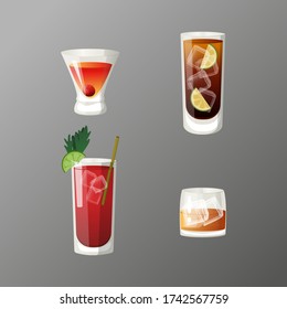 Set of cocktails. Classic alcoholic drinks isolated on grey background.  Glass of manhattan, cuba libre, bloody mary and old fashioned. Vector illustration art