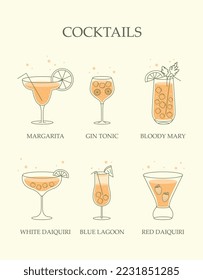 Set of cocktails. Collection of alcoholic drinks for summer season and hot weather. Bar or cafe menu. Tropic and exotic juices. Cartoon flat vector illustrations isolated on yellow background