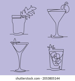 set of cocktails in continuous one line style