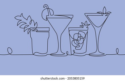 set of cocktails in continuous one line style