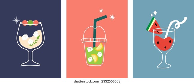 Set of cocktails in different types of glasses. Vector illustration of summer cocktail. hand draw