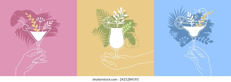 Set of cocktails in different types of glasses with floral elements and human hand silhouette. Vector illustration