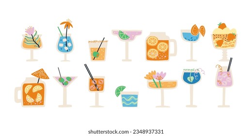 set of cocktails drawn in flat style. bar, beach, rest. vector hand drawn illustration.