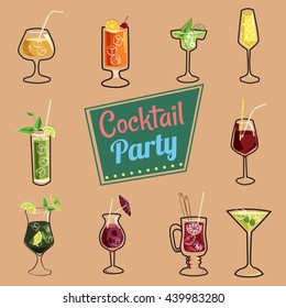 Set cocktails, drinking, vintage, banner, vector illustration