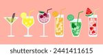 A set of cocktails and drinks in different glasses according to the menu. Alcoholic drinks. Vector illustration.