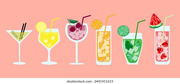 Un conjunto de cócteles y bebidas en diferentes vasos según el menú. Bebidas alcohólicas. Ilustración vectorial.