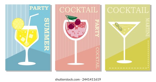 A set of cocktails and drinks in different glasses according to the menu. Alcoholic drinks. Vector illustration.