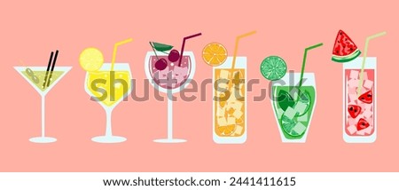 A set of cocktails and drinks in different glasses according to the menu. Alcoholic drinks. Vector illustration.