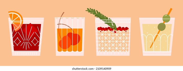 Set of cocktails. Drinks in different types of vintage glasses. Vector illustration of summer cocktails