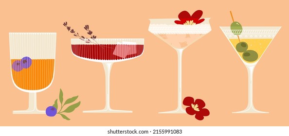 Set of cocktails. Drinks in different types of vintage glasses. Vector illustration of summer cocktails
