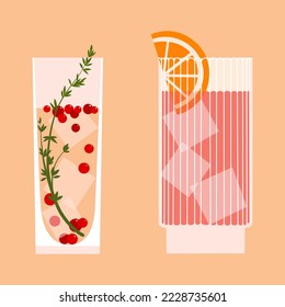 Set of cocktails. Drinks in different types of vintage glasses. Vector illustration of summer cocktails