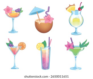 Conjunto de coquetéis. Bebidas em diferentes tipos de óculos.