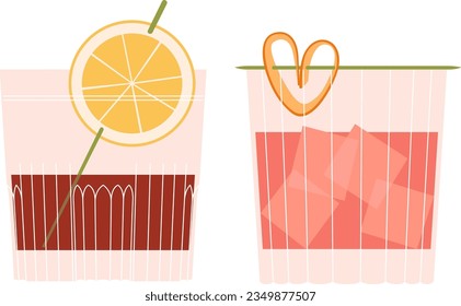 Set of cocktails. Drinks in lowball glasses. Vector illustration of summer cocktails. Orange garnish, lemon, ice. Vintage