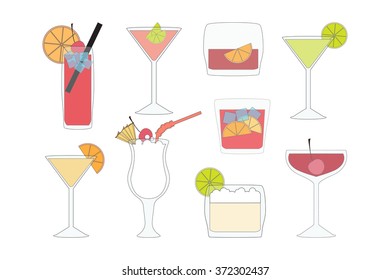 Set of Cocktails and Drinks on a White Background. Vector Illustration.
