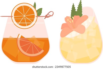 Set of cocktails. Drinks in stemless glasses. Vector illustration of summer cocktails. Orange garnish, flowers, ice