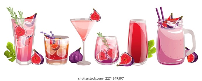 A set of cocktails with figs.Smoothies with fig slices, lemonade, juice, martini with figs, whiskey.Vector illustration.