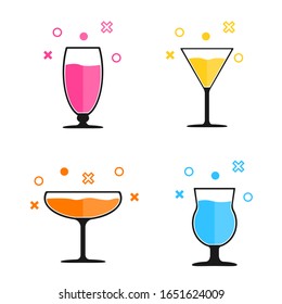 Cocktails im flachen Stil. Alkohol-Getränke und Cocktails Ikone im flachen Design-Stil. Set Brille für Cocktails. Brillen für eine Bar, ein Restaurant. Alkoholfest. Vektorillustration.