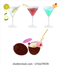 Set of cocktails in glasses and in coconut isolated on white. Vector image