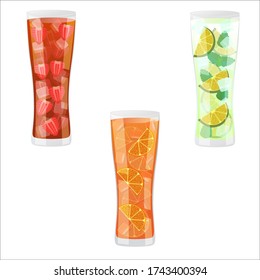 Set of cocktails in glasses with fruits  isolated on white. Vector image