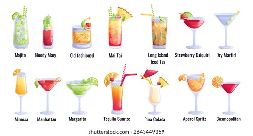A set of cocktails in glasses on a white background. Pina colada, Manhattan, mojito, mai tai, long island, bloody Mary, cosmopolitan, margarita, momosa. Isolated vector illustration