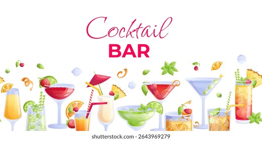 A set of cocktails in glasses on a white background. Pina colada, Manhattan, mojito, mai tai, long island, bloody Mary, cosmopolitan, margarita, momosa. Isolated vector illustration