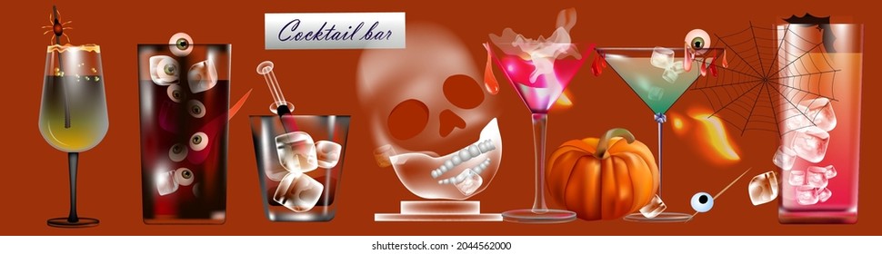 Set of cocktails for Halloween party. Spiders, eyes, snot ...