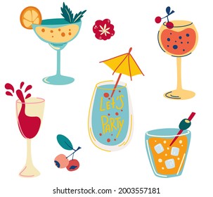 Un conjunto de cócteles. Bebidas con alcohol a mano, cócteles refrescantes con cubos de hielo, bayas y aceitunas. Vacaciones de verano y fiestas en la playa. Creado para diseños de menú. Ilustración vectorial de dibujos animados planos