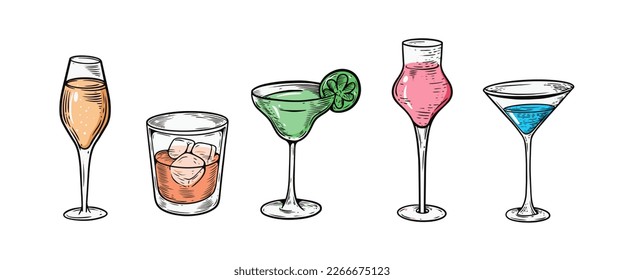 Set cocktails hand drawn doodle colorful vector art illustration isolated on white background.