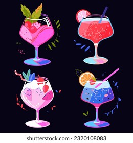 Set of cocktails. Hand drawn vector illustration in sketch style. Colorful cocktails on dark background. Cocktail party.