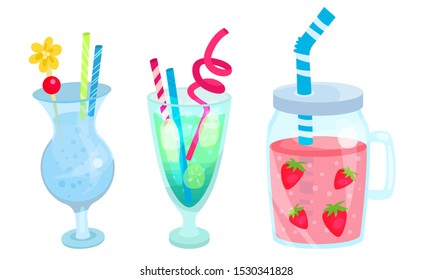 Set of cocktails with ice in transparent glasses. Vector illustration.