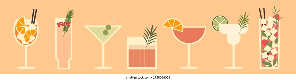 Set of cocktails. An illustration of classical drinks in different types of glasses. Vector illustration of summer cocktails. Banner with soft and alcohol drinks. - Shutterstock ID 1958036008