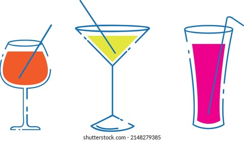 Set of cocktails. An illustration of classical drinks in different types of glasses. Vector illustration of summer cocktails. Banner with soft and alcohol drinks.