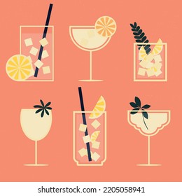 Set of cocktails. An illustration of classical drinks in different types of glasses. Vector illustration