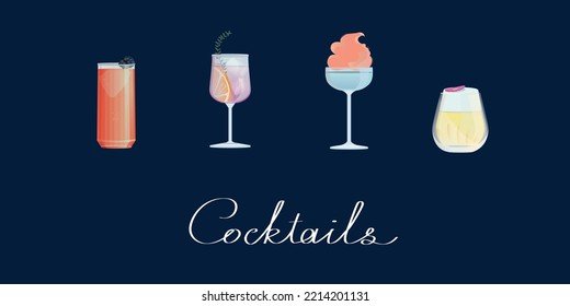 Set of cocktails. An illustration of classical drinks in different types of glasses. Vector illustration of summer cocktails. Banner with soft and alcohol drinks.