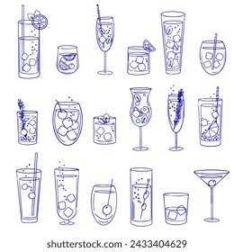 Conjunto de cócteles, ilustración de bebidas clásicas en diferentes tipos de vasos. Ilustración vectorial de cócteles de verano, iconos de alcohol para carteles y tarjetas aisladas