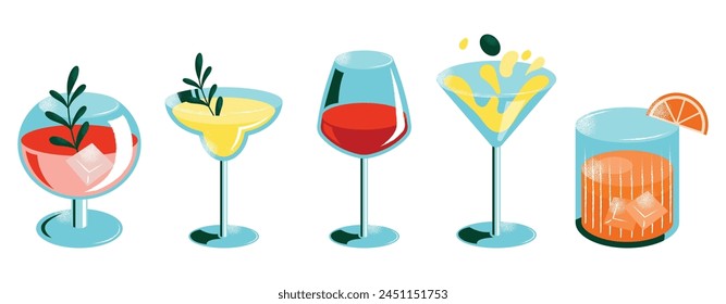 Set of cocktails. An illustration of classical drinks in different types of glasses. Vector illustration of summer cocktails isolated on background. Popular cocktails for design menu, posters