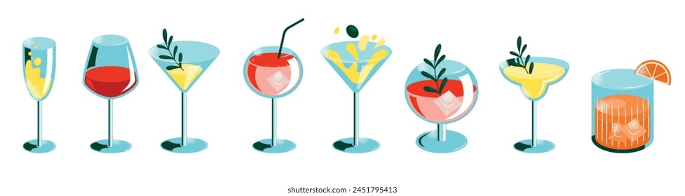 Set de cócteles. Una ilustración de bebidas clásicas en diferentes tipos de vasos. Ilustración vectorial de cócteles de verano aislados en el fondo. Populares cócteles para el menú de diseño, carteles