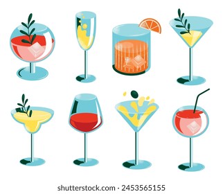 Set of cocktails. An illustration of classical drinks in different types of glasses. Vector illustration of summer cocktails isolated on background. Popular cocktails for design menu, posters