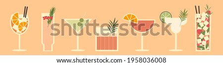 Set of cocktails. An illustration of classical drinks in different types of glasses. Vector illustration of summer cocktails. Banner with soft and alcohol drinks. 商業照片 © 