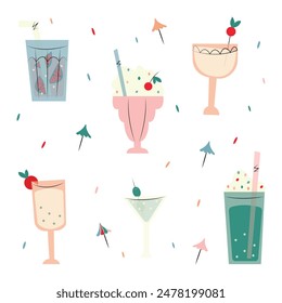 Set of cocktails. Illustration of festive drinks in different types of glasses with decoration. Minimalist greeting cards design. Cartoon Vector Illustration, Icons